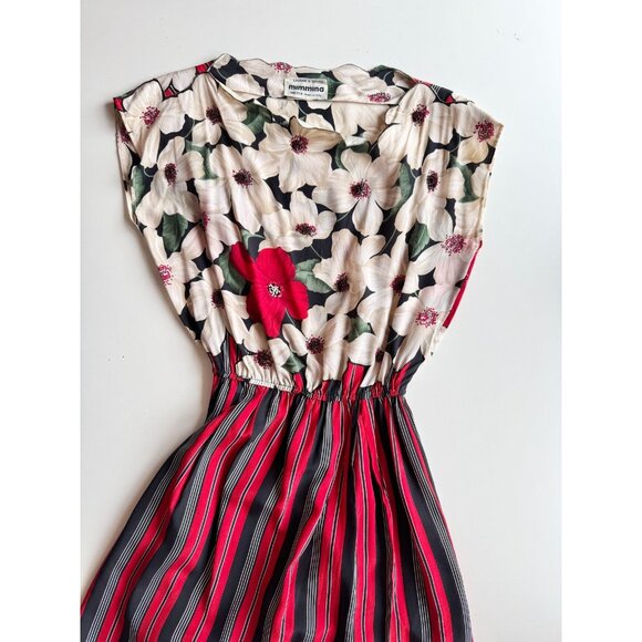 Vintage 80's MIMMINA Ivory Red Floral Striped Beaded Silk Crepe Dress, Size S - Picture 5 of 16